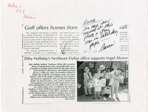Ebby Halliday supports Vogel Alcove Historical article 1998