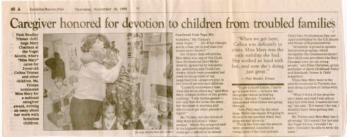 Caregiver honored for devotion Historical article 1998